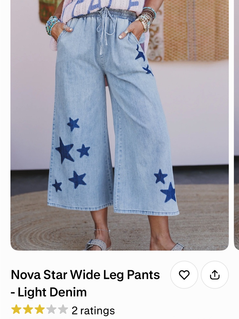 Three Bird Nest Light Denim Wide Leg Star Pants - Blue Stars